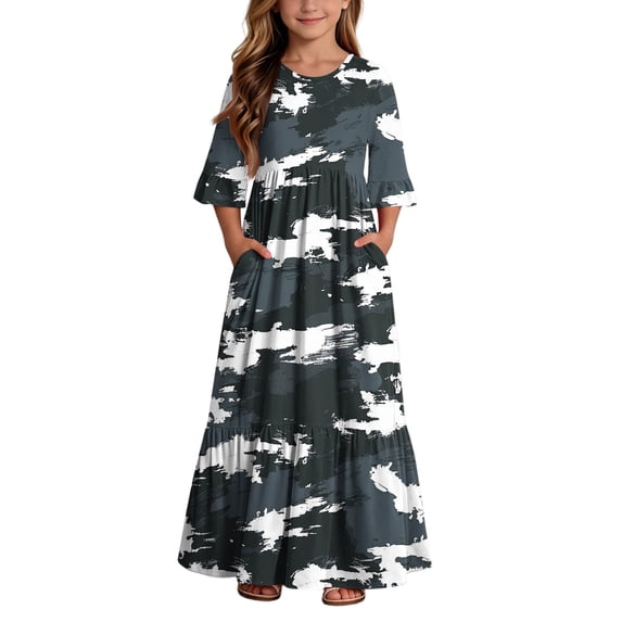 BLTIBY Boho Dresses for Girls Printed Crew Neck Maxi Dress Summer Home Dresses with Pockets Gray 7-8 Years