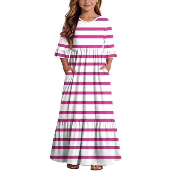 BLTIBY Boho Dresses for Girls Striped Printed Crew Neck Maxi Dress Summer Dresses with Pockets Pink 9-10 Years
