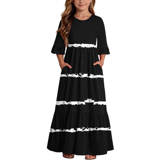 BLTIBY Boho Dresses for Girls Striped Printed Crew Neck Maxi Dress Summer House Dresses with Pockets Black 13-14 Years