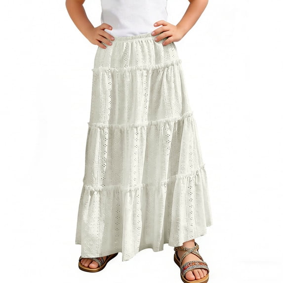 BLTIBY Boho Eyelets Flowy Maxi Skirt for Girls Summer Elastic High Waisted A-Line Tiered Swing Beach Skirts with Pockets Beige 10-11 Years