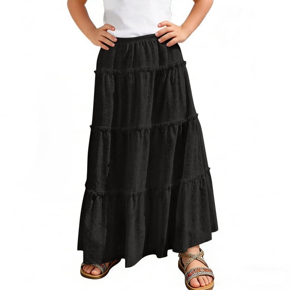BLTIBY Boho Eyelets Flowy Maxi Skirt for Girls Summer Elastic High Waisted A-Line Tiered Swing Beach Skirts with Pockets Black 12-13 Years