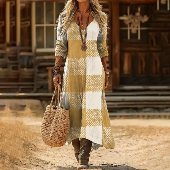 BLTIBY Boho Swing Color Block Dress for Women Loose V Neck Long Sleeve Spring A Line Midi Party Beach Vacation Casual Dresses Multicolor 2 L