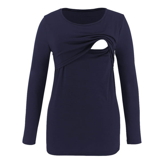 BLTIBY Breastfeeding Shirts for Women Clearance Sales Womens Maternity Nursing Long Sleeve Round Neck Solid Color Fashion Blouse Navy XL