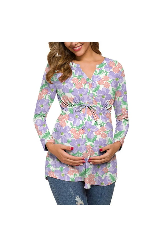 Breastfeeding Shirts for Women Womens Maternity Nursing Long Sleeve V Neck Printed Fashion Blouse Purple L