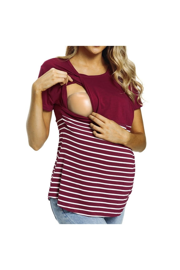 Breastfeeding Shirts for Women Womens Maternity Nursing Round Neck Short Sleeve Striped Fashion Blouse Wine M