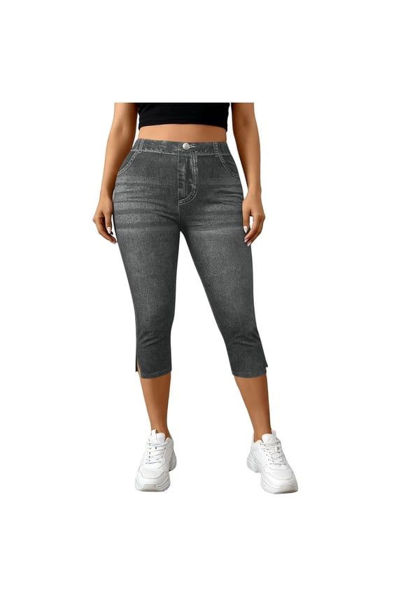 Capris Pants for Women 2026 Stretchy Fake Jean Side Slit Capri Pull on Jeggings High Waisted Denim Leggings Casual Pant Black M