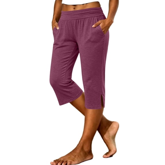 BLTIBY Capris for Women Summer Casual Stretch Lightweight Capri Side Slit Elastic High Waist Lounge Pants with Pockets Wine M