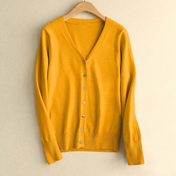 BLTIBY Cardigan Sweaters for Women Plus Size Open Front Solid Color Long Sleeve V Neck Button Comfy Lightweight Knit Casual Coat Yellow M
