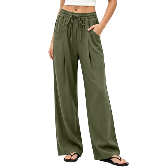 BLTIBY Casual Pants for Women Drawstring Elastic Waist Trousers Loose Fit Wide Leg Bottoms Beach Vacation Lounge Pant with Pockets Army Green XL