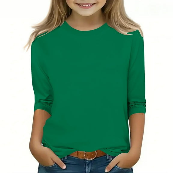 BLTIBY Children Girls Boys Casual 3/4 Sleeve Sweatshirt Solid Color Kids Round Neck Loose Soft Tunic Fashion Pullover Top Blouse 2025 Green 4-5 Years