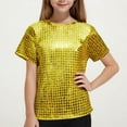 thumbnail image 1 of BLTIBY Children Sequin Short Sleeve T-shirt Girls Summer Round Neck Elastic Plaid Printed Blouse Kids Fashion Performance Tops Gold 8-9 Years, 1 of 4