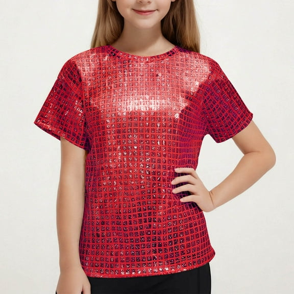 BLTIBY Children Sequin Short Sleeve T-shirt Girls Summer Round Neck Elastic Plaid Printed Blouse Kids Fashion Performance Tops Red 11-12 Years