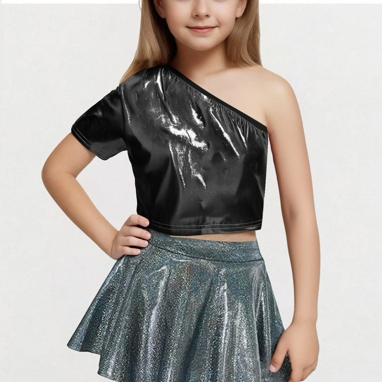 BLTIBY Children Sequin Short Sleeve T-shirt with Exposed Waist