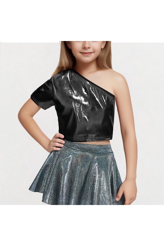 Children Sequin Short Sleeve T-shirt with Exposed Waist Girls One Shoulder Solid Color Elastic Fashion Performance Top Black 8-9 Years