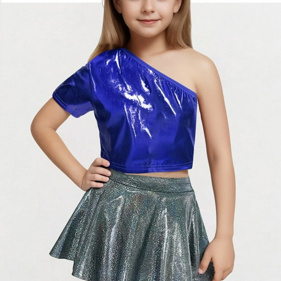 BLTIBY Children Sequin Short Sleeve T-shirt with Exposed Waist Girls One Shoulder Solid Color Elastic Fashion Performance Top Blue 7-8 Years
