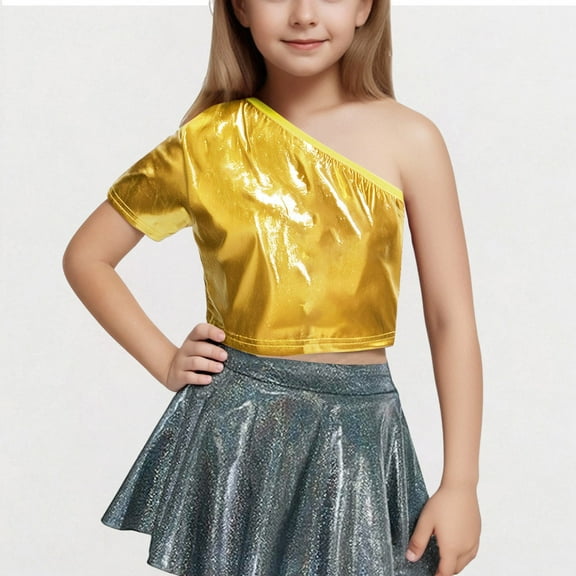 BLTIBY Children Sequin Short Sleeve T-shirt with Exposed Waist Girls One Shoulder Solid Color Elastic Fashion Performance Top Gold 3-4 Years