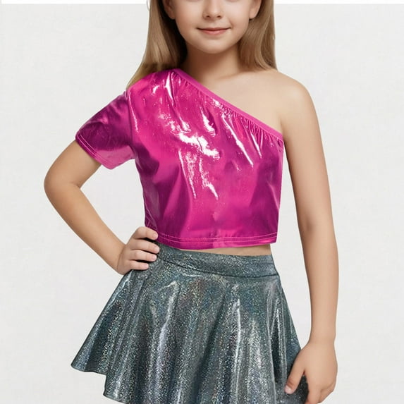 BLTIBY Children Sequin Short Sleeve T-shirt with Exposed Waist Girls One Shoulder Solid Color Elastic Fashion Performance Top Hot Pink 4-5 Years