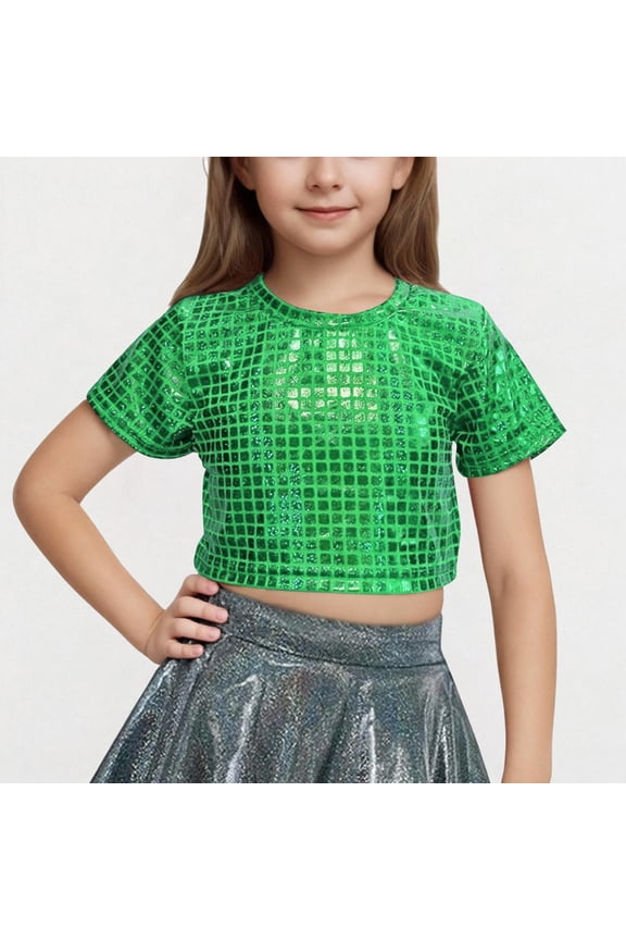 Children Sequin Short Sleeve T-shirt with Exposed Waist Girls Plaid Printed Round Neck Elastic Fashion Performance Top Green 8-9 Years