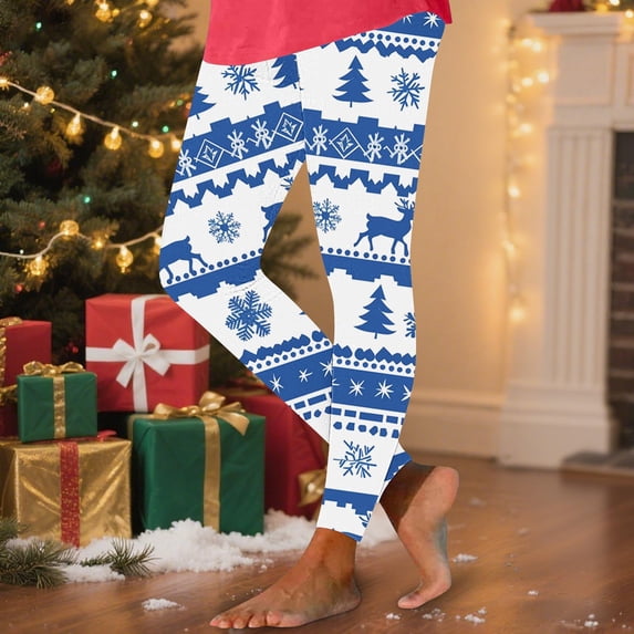 BLTIBY Christmas High Waisted Leggings for Women Xmas Printed Tummy Control Casual Pants Yoga Sports Trousers Blue L