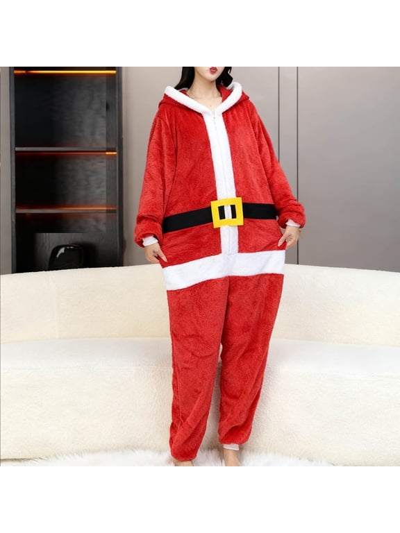 Christmas Onesie for Adult Novelty One-Piece Pajama Hoodies Christmas Elf/Santa Costume Fleece Cosplay Pjs Holiday Jumpsuit Red S