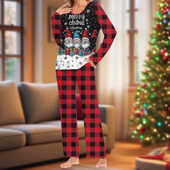 BLTIBY Christmas Pajama Sets for Women Xmas Printed Round Neck Long Sleeve Pullover Top Long Pants Lounge Set Sleepwear with Pockets Comfortable Red 3 L