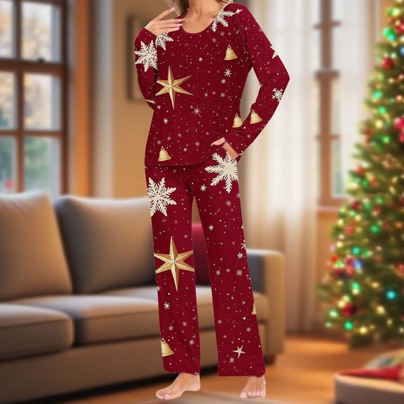 BLTIBY Christmas Pajama Sets for Women Xmas Printed Round Neck Long Sleeve Pullover Top Long Pants Lounge Set Sleepwear with Pockets Comfortable Red XXL