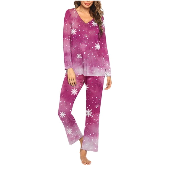 BLTIBY Christmas Pajama Sets for Women V Neck Xmas Printed Long Sleeve Pullover Top Long Pants Lounge Set Sleepwear Comfortable Pink 2 L