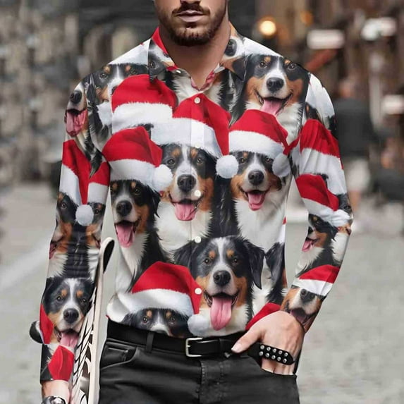 BLTIBY Christmas Shirt for Men Button Down Long Sleeve Lapel Shirts Cats Printed Casual Holiday Beach Shirts Top Multicolor 2 3XL