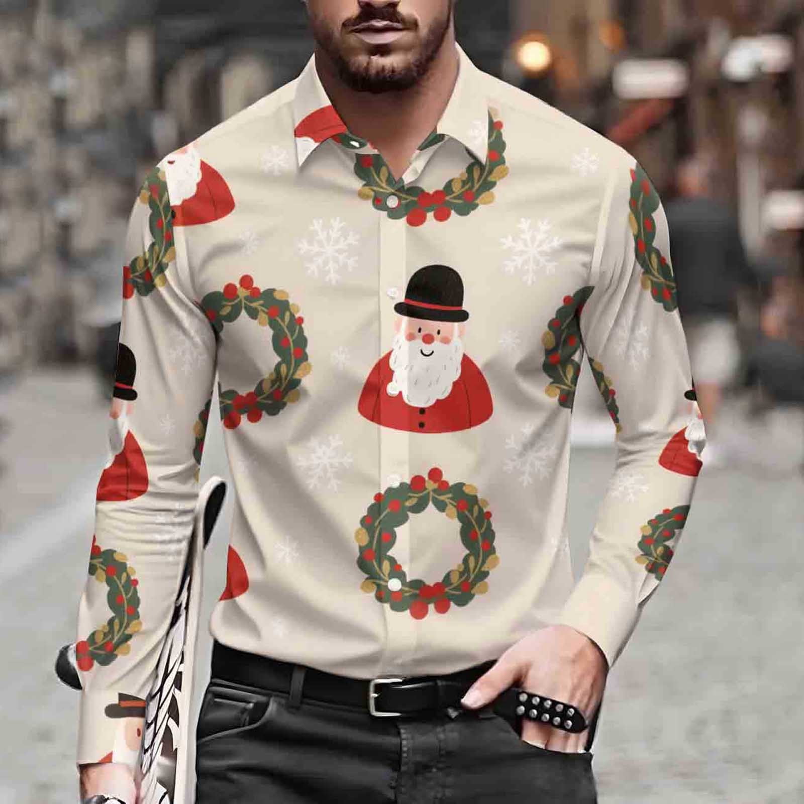 BLTIBY Christmas Shirt for Men Button Down Long Sleeve Lapel Shirts ...