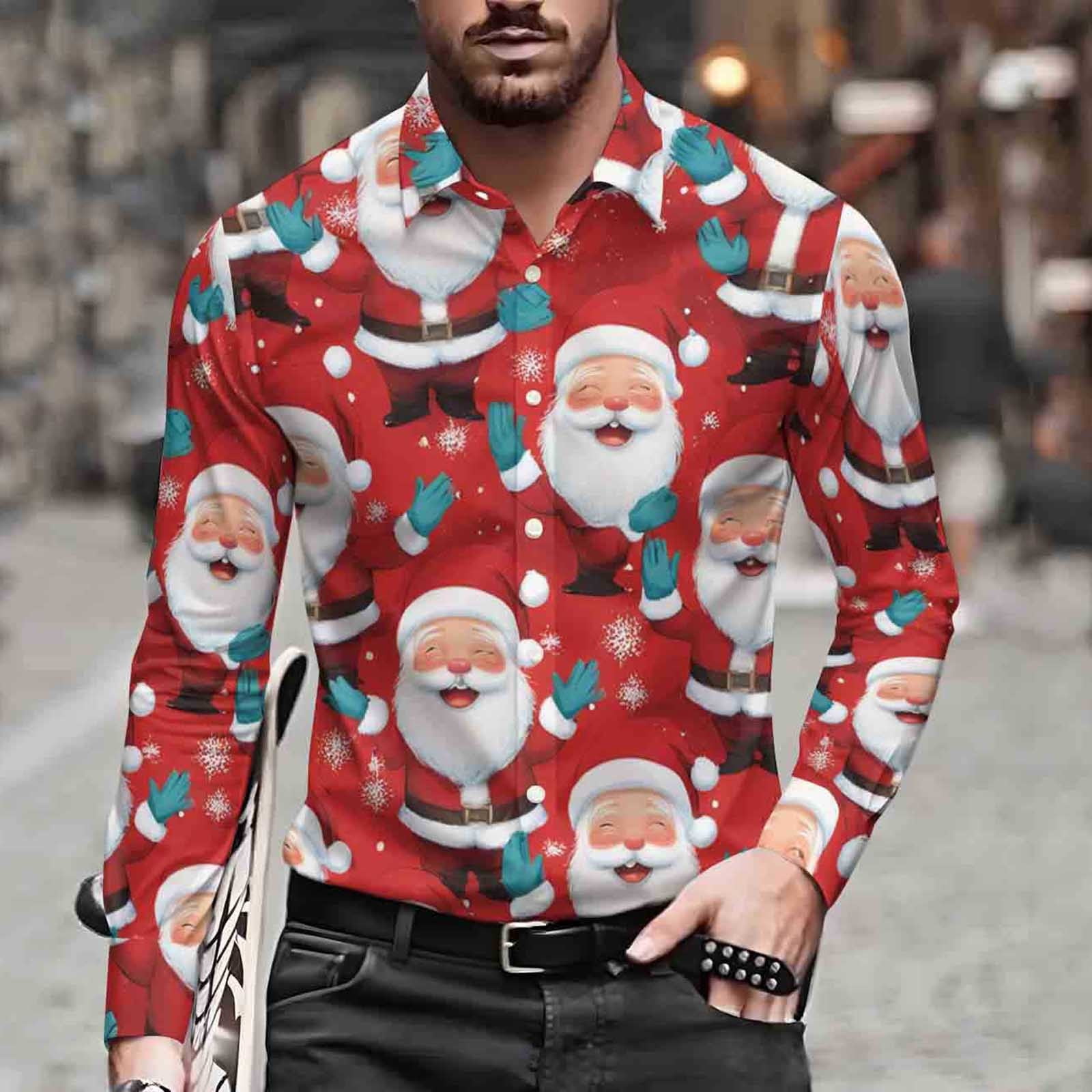 BLTIBY Christmas Shirt for Men Button Down Long Sleeve Lapel Shirts ...