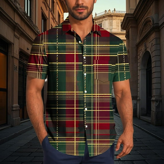 BLTIBY Christmas Shirt for Men Button Down Short Sleeve Lapel Hawaiian Shirts Xmas Santa Printed Casual Holiday Beach Shirts Top Multicolor M