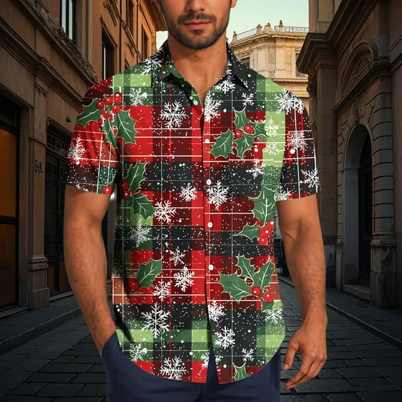 BLTIBY Christmas Shirt for Men Button Down Short Sleeve Lapel Hawaiian Shirts Xmas Santa Printed Casual Holiday Beach Shirts Top Red 2 L