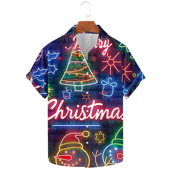 BLTIBY Christmas Shirt for Men Lapel Button Down Short Sleeve Hawaiian Shirts Xmas Printed Casual Holiday Beach Shirts Tops Multicolor 3 XL