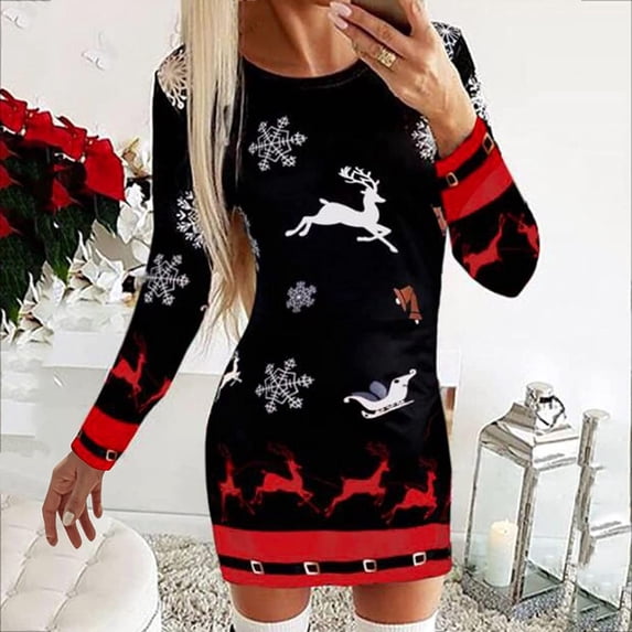 BLTIBY Christmas Sweatshirt Dress for Women 2024 Xmas Print Autumn Winter Round Neck Casual Soft Long Sleeve Fashion Pullover Dresses Outfit Trendy Black 2 XXL