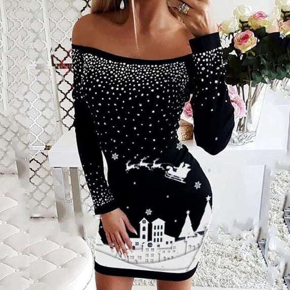 BLTIBY Christmas Sweatshirt Dress for Women 2024 Xmas Print Autumn Winter Off Shoulder Casual Soft Long Sleeve Fashion Pullover Dresses Outfit Trendy Black L