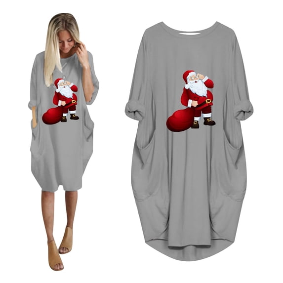 BLTIBY Christmas Sweatshirt Dress for Women Oversized Xmas Printed Fall Winter Round Neck Dresses Soft Casual Long Sleeve Fashion Pullover Outfits with Pockets 2024 Trendy Gray 3XL