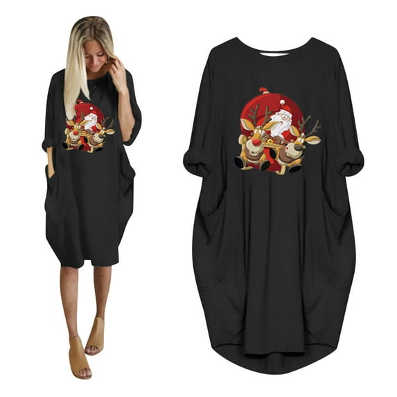 BLTIBY Christmas Sweatshirt Dress for Women Oversized Xmas Printed Winter Fall Round Neck Dresses Fashion Casual Long Sleeve Fashion Pullover Outfits with Pockets 2024 Trendy Black 4XL