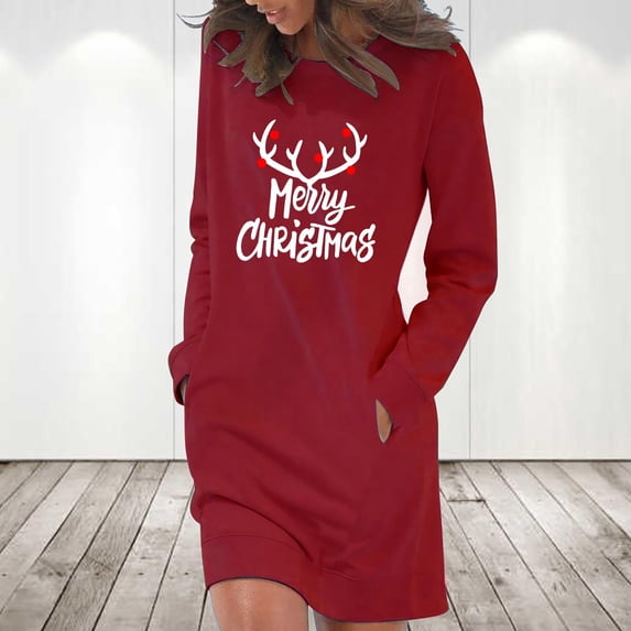 BLTIBY Christmas Sweatshirt Dress for Women Xmas Print Winter Fall Casual Soft Long Sleeve Pullover Dresses Outfits with Pockets 2024 Trendy Red M