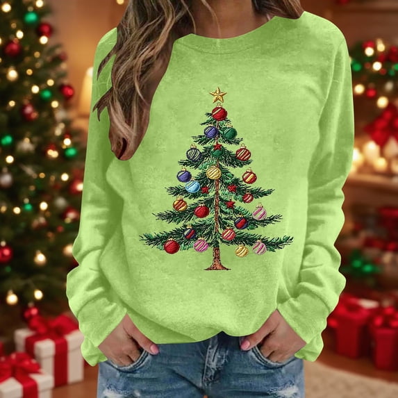 BLTIBY Christmas Sweatshirt for Women Crewneck Christmas Tree Printed Long Sleeve Sweater Xmas Holiday Party Pullover Tops Green M