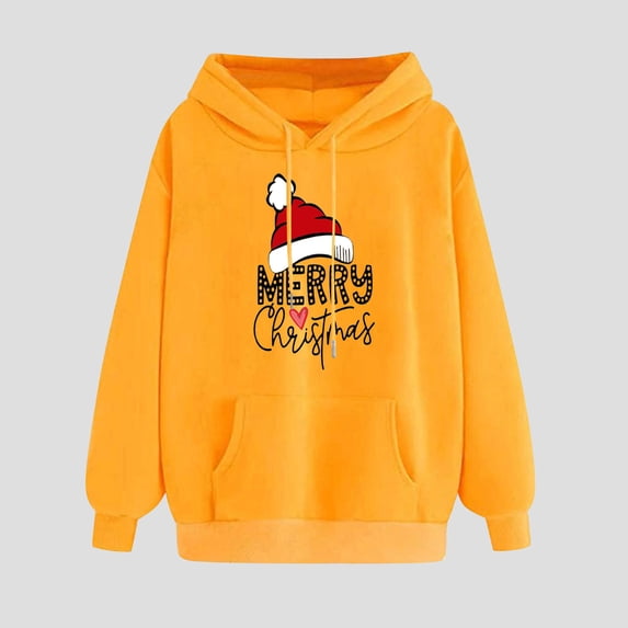 BLTIBY Christmas Sweatshirts Hoodies for Women Christmas Graphic Drawstring Fleece Hooded Xmas Holiday Pullover Sweater with Pockets Yellow 3 L