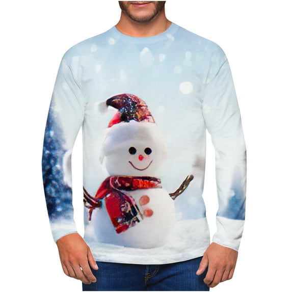 BLTIBY Christmas Sweatshirts for Men Winter Autumn Xmas Snowman Printed Long Sleeve Round Neck Blouse Casual Fashion Lightweight Pullover Jumper Top 2024 Light Blue M