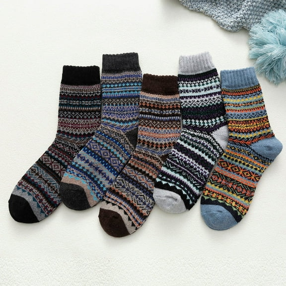 BLTIBY Chunky Knit Mid Calf Socks for Women 5 Pairs Vintage Ethnic-Style Warm Sock Indoor Non Slip Fall Winter Cozy Thick Retro Stockings Black,White,Gray,Wine,Blue One Size