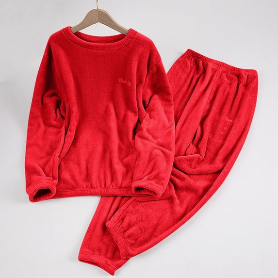 BLTIBY Coral Fleece Pajama Sets for Women 2 Piece Crew Neck Fuzzy Long Sleeve Pants Oversized Casual Sherpa Sleepwear Outfit Red S