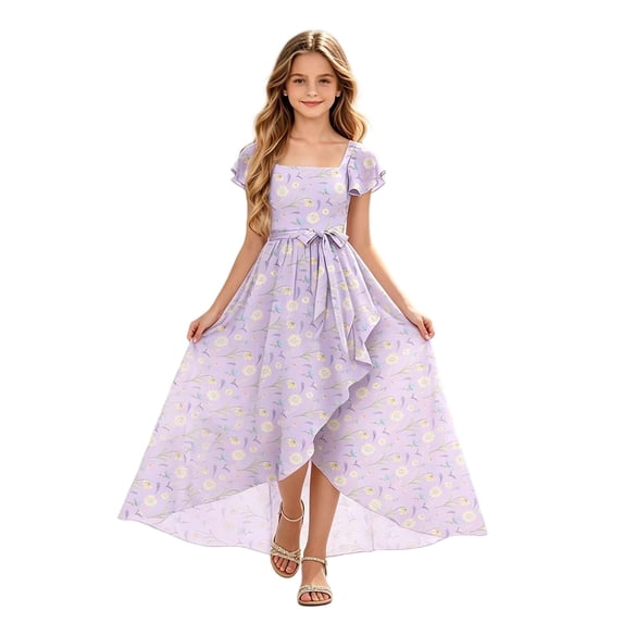 BLTIBY Corset Dresses for Women Summer Floral Square Neck Short Sleeve Wedding Guest Chiffon Irregular Hem Sundress Purple 2 7-8 Years