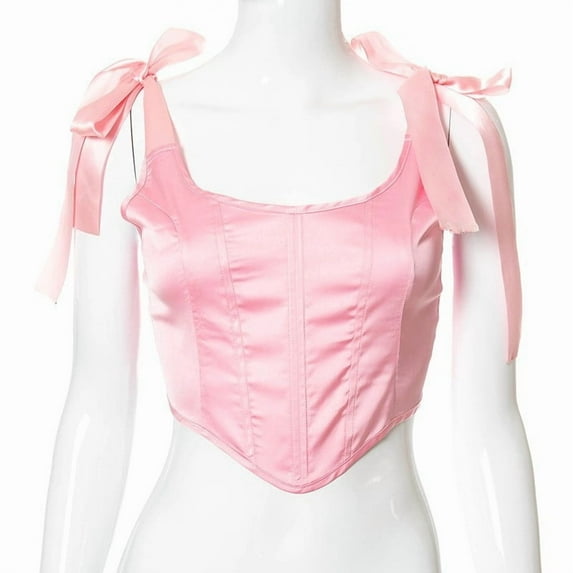 BLTIBY Corset Tops for Women Lace-up Adjustable Strap Sleeveless Solid Color Vest Renaissance Gothic Waist Cincher Pink XXL
