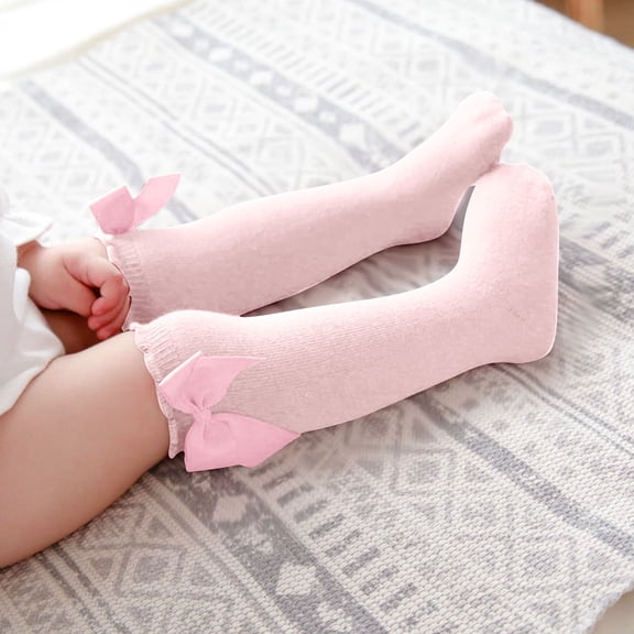 BLTIBY Cotton Baby Girl Boy Ruffle Sock Toddler Big Bow Knee High Socks Thin Lightweight High-Top Sock for Newborn Kids Pink 6-12 Months
