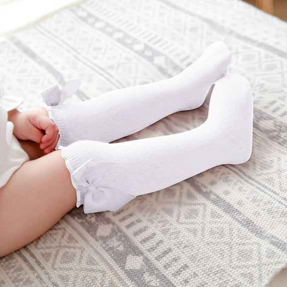 BLTIBY Cotton Baby Girl Boy Ruffle Sock Toddler Big Bow Knee High Socks Thin Lightweight High-Top Sock for Newborn Kids White 6-12 Months