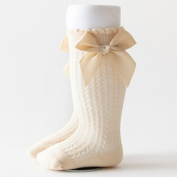 BLTIBY Cotton Baby Girl Boy Ruffle Sock Toddler Big Bow Knee High Socks Thin Mesh Lightweight High-Top Sock for Kids Khaki 0-12 Months
