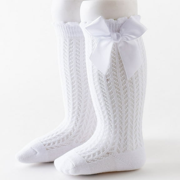 BLTIBY Cotton Baby Girl Boy Ruffle Sock Toddler Big Bow Knee High Socks Thin Mesh Lightweight High-Top Sock for Kids White 0-12 Months