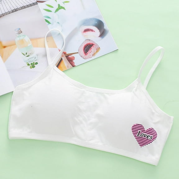 BLTIBY Cotton Girls Training Bra Cami Training Printed Bras for Teens with Spaghetti Straps Breathable Comfortable Fashion Bralette White 7-10 Years